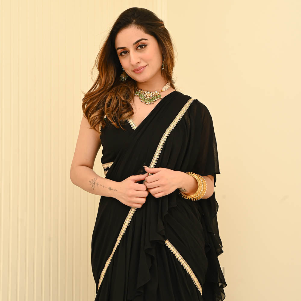 Black Designer Georgette Draped Saree For Women Online